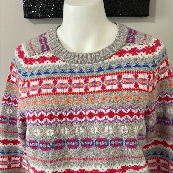 J Crew Womens Holly Fair Isle Wool Sweater Crewneck Grey Red White Sz S Sweaters